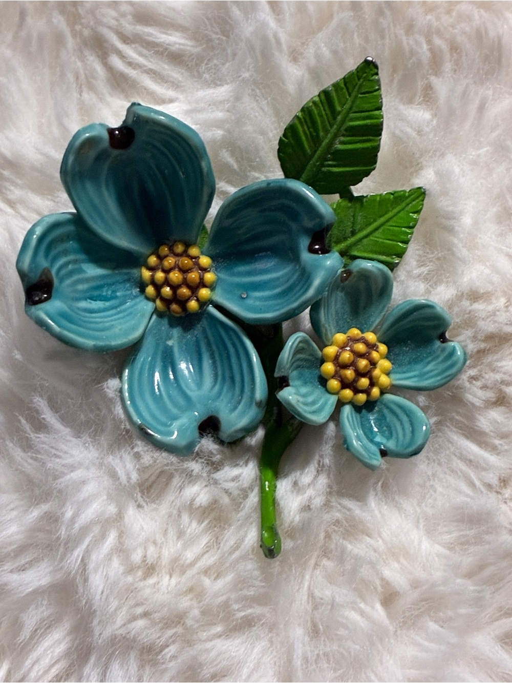 Vintage Teal Floral Enamel Brooch with Yellow Centers - Read Description